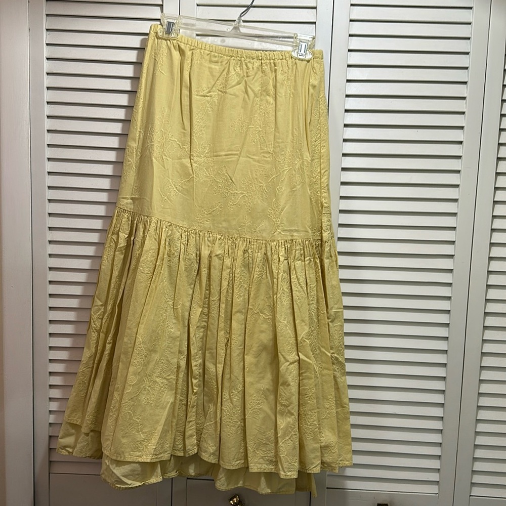 CP Shades Yellow Floral Embroidered Maxi Linen Skirt Size Small